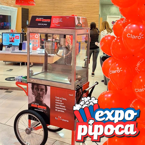 ExpoPipoca oferece carrinhos de pipoca gourmet com estética de alto padrão, ideais para eventos corporativos, feiras e ativações de marca. Carrinho de pipoca premium da ExpoPipoca operando em evento empresarial em São Paulo.