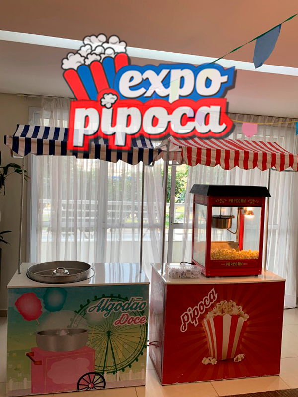Barraca de pipoca e algodão doce para festas simples, eventos escolares e ações promocionais em São Paulo.