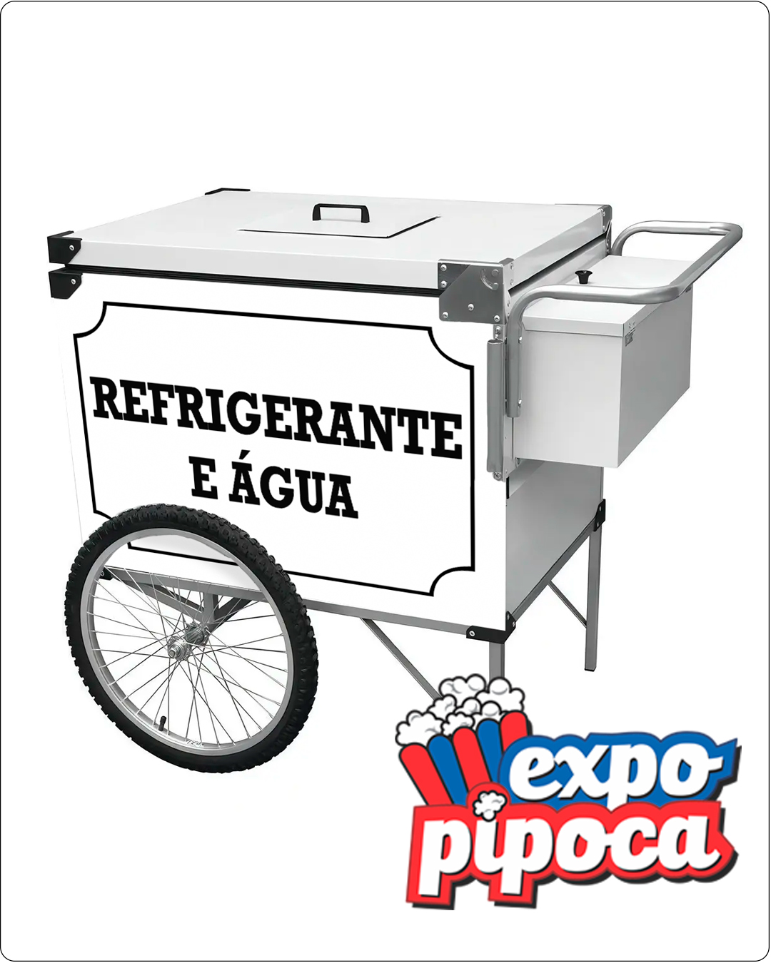 Carrinho de pipoca branco personalizado para loja em shopping, eventos corporativos e ativações de marca em São Paulo.